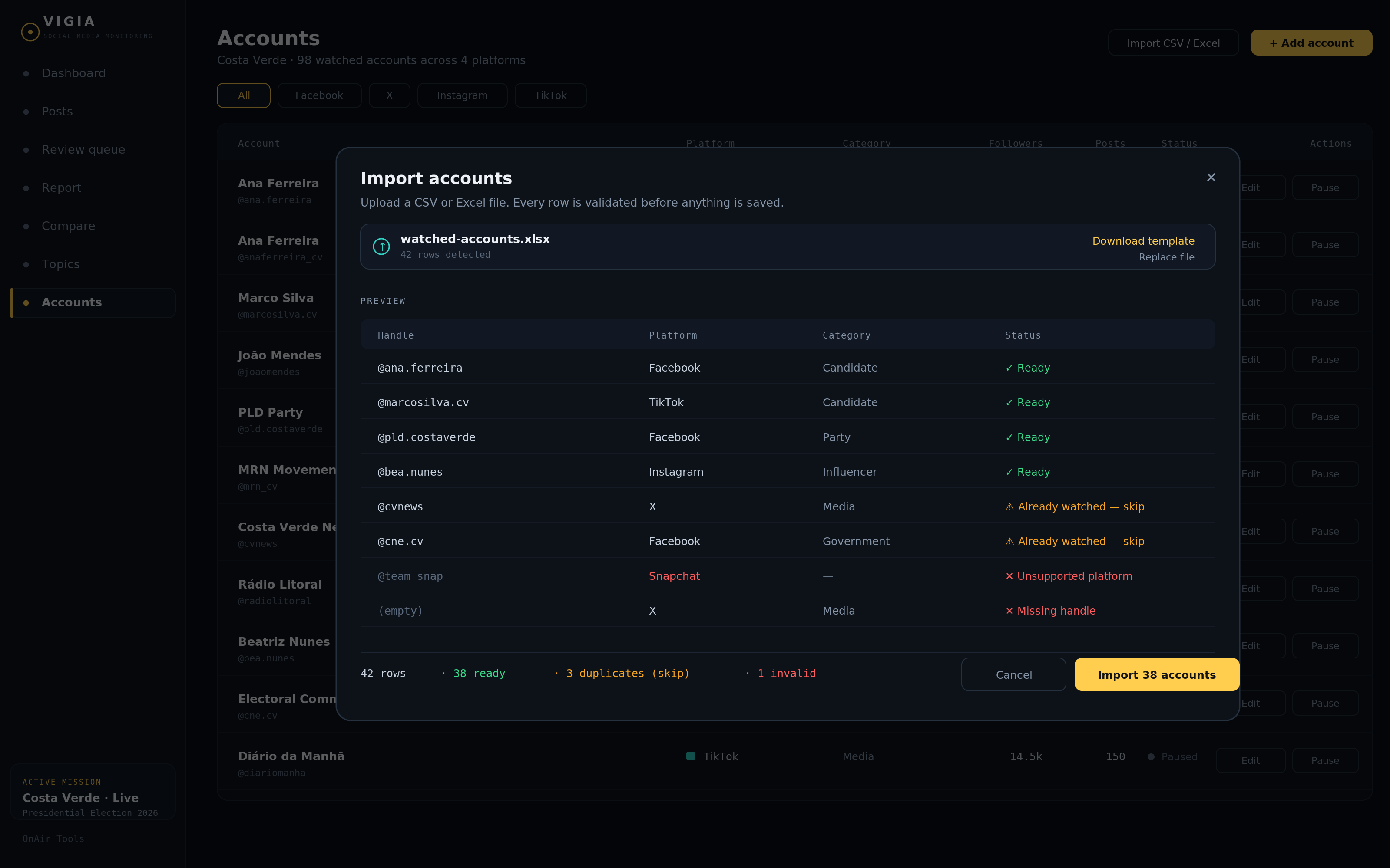Vigia bulk account import with validation